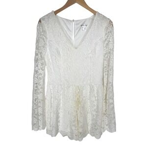 Venus Womens Floral Lace Bell Sleeve Romper Small Cream Coquette Feminine Boho